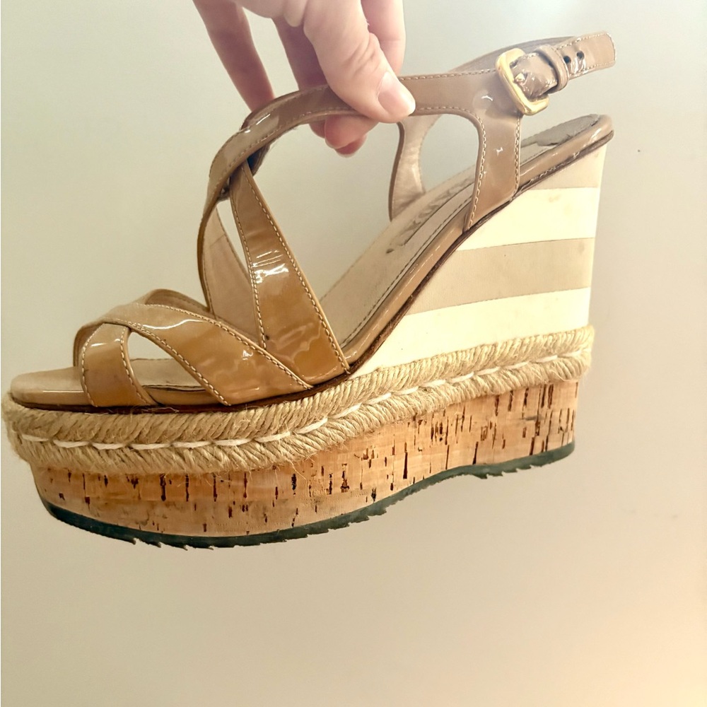 Prada Tan and Cream Wedge Sandals